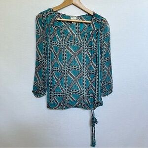 Lucky Brand Peter Dunham Teal and Dark Blue Geometric Sheer Blouse